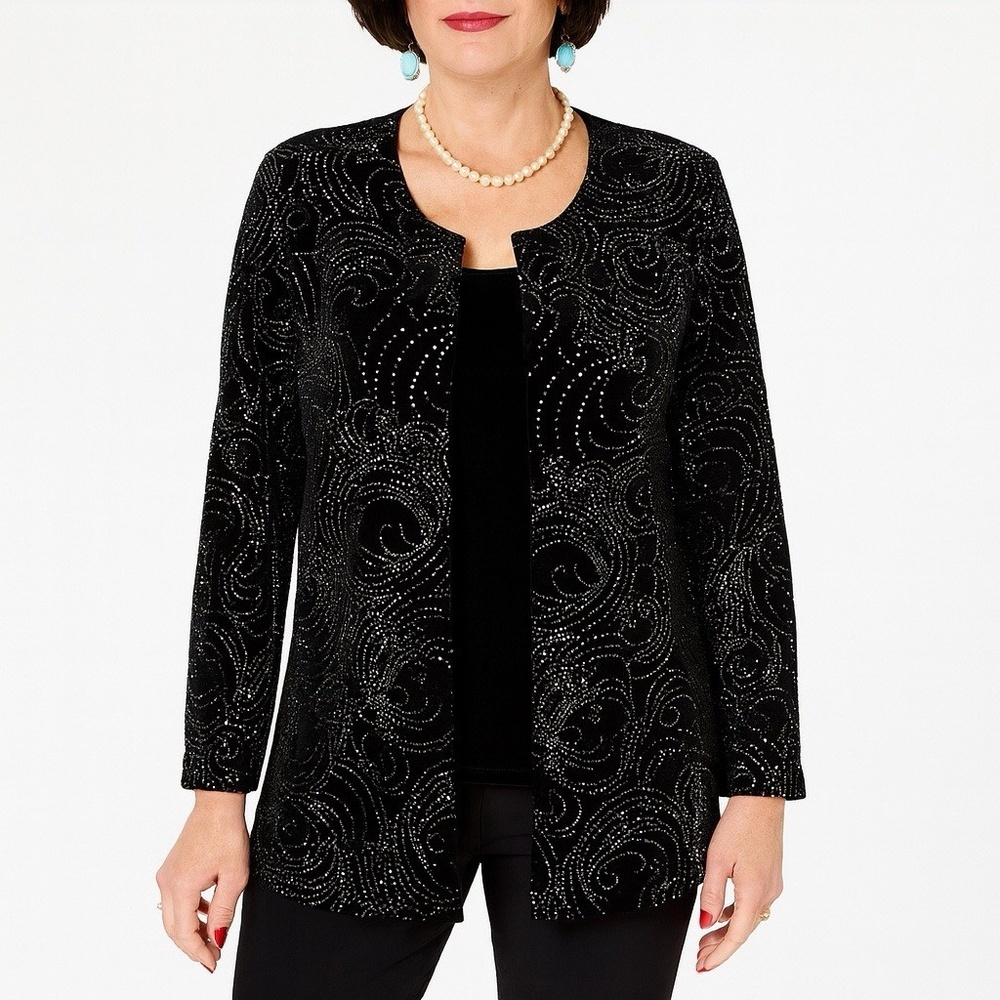 Joanna Womens Black Velvet Glitter Swirl Two-Fer Cardigan Tank Top‎ Medium NEW
